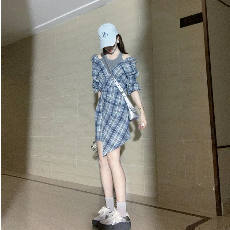 气质黑色蓝色假两件衬衫长袖连衣裙女早秋新款轻奢小众感裙子女装