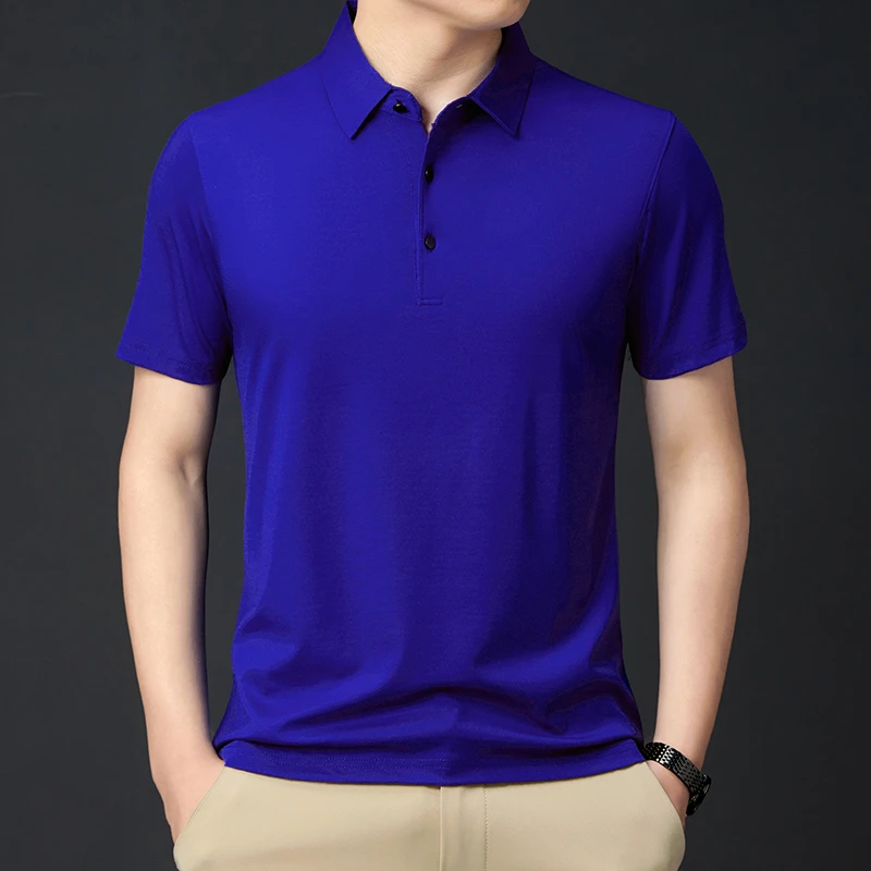 男士休闲夏季薄款透气商务翻领纯色T恤抗皱不起球蓝色POLO衫