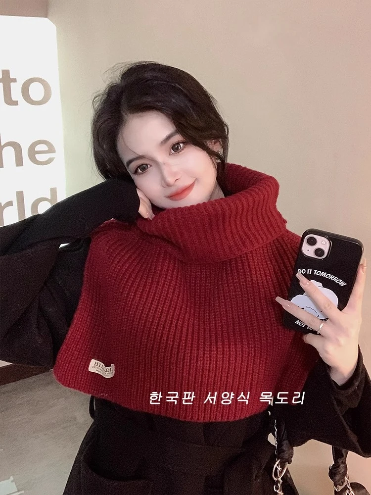 纯色高领围脖女秋冬外搭保暖套头高领针织围巾韩版开叉拼接围巾