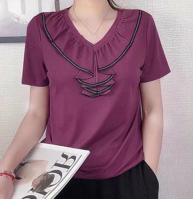 《一筒家》V领洋气荷叶边领打底衫时尚女装夏季T恤减龄百搭女上衣