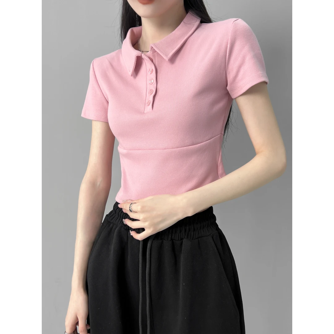 DX-506#POLO领欧美风短袖T恤女纯色显瘦新款ins修身短款翻领上衣