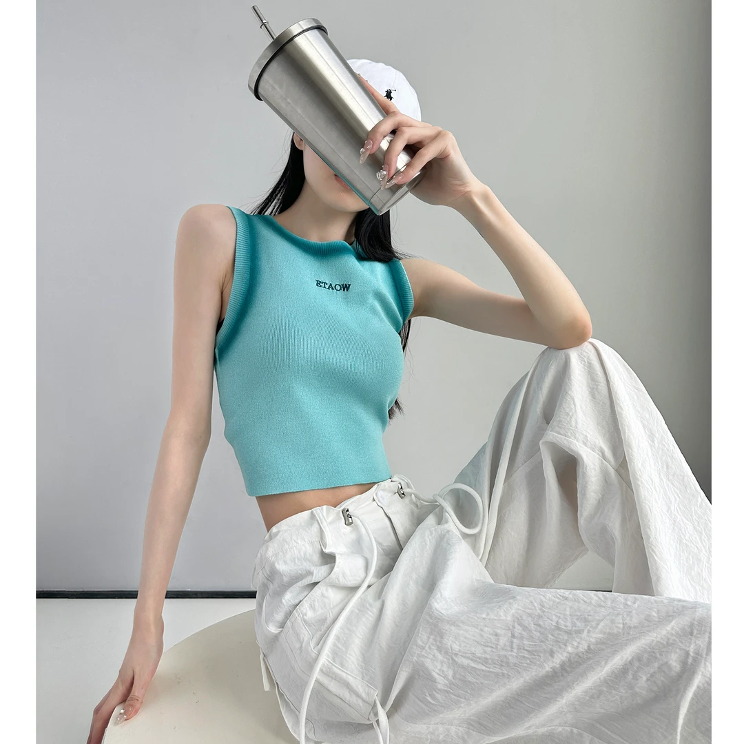 M160#【撞色拼接】甜酷辣妹字母无袖ins潮短款上衣背心女薄款