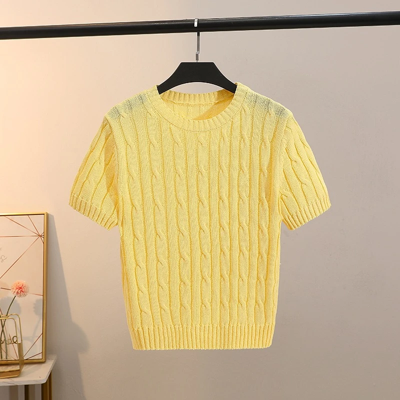 新款纯色麻花修身T恤螺纹针织冰丝圆领上衣2023短款简约薄款内搭