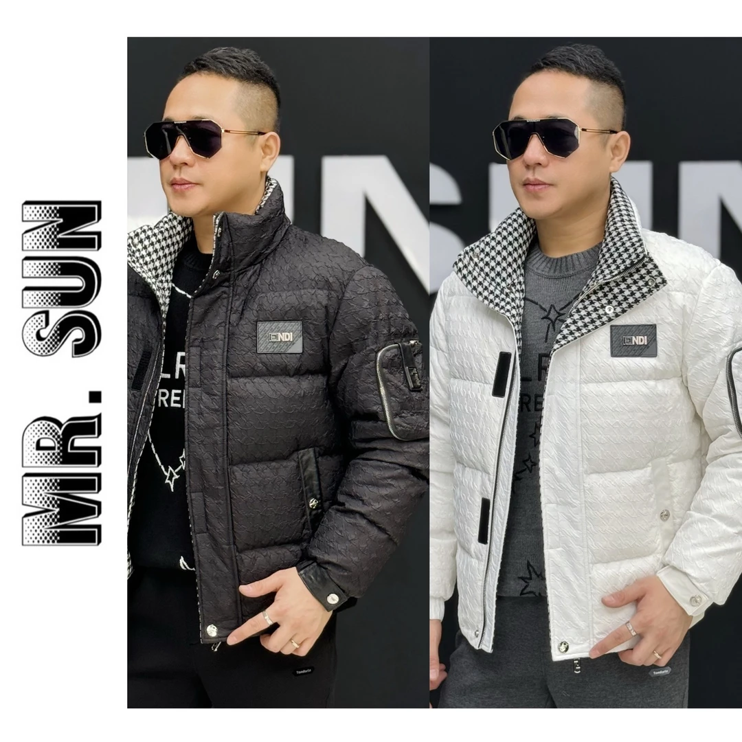 1143孙先生男装高品质立体褶皱面料千鸟格微廓形大口袋立领羽绒服