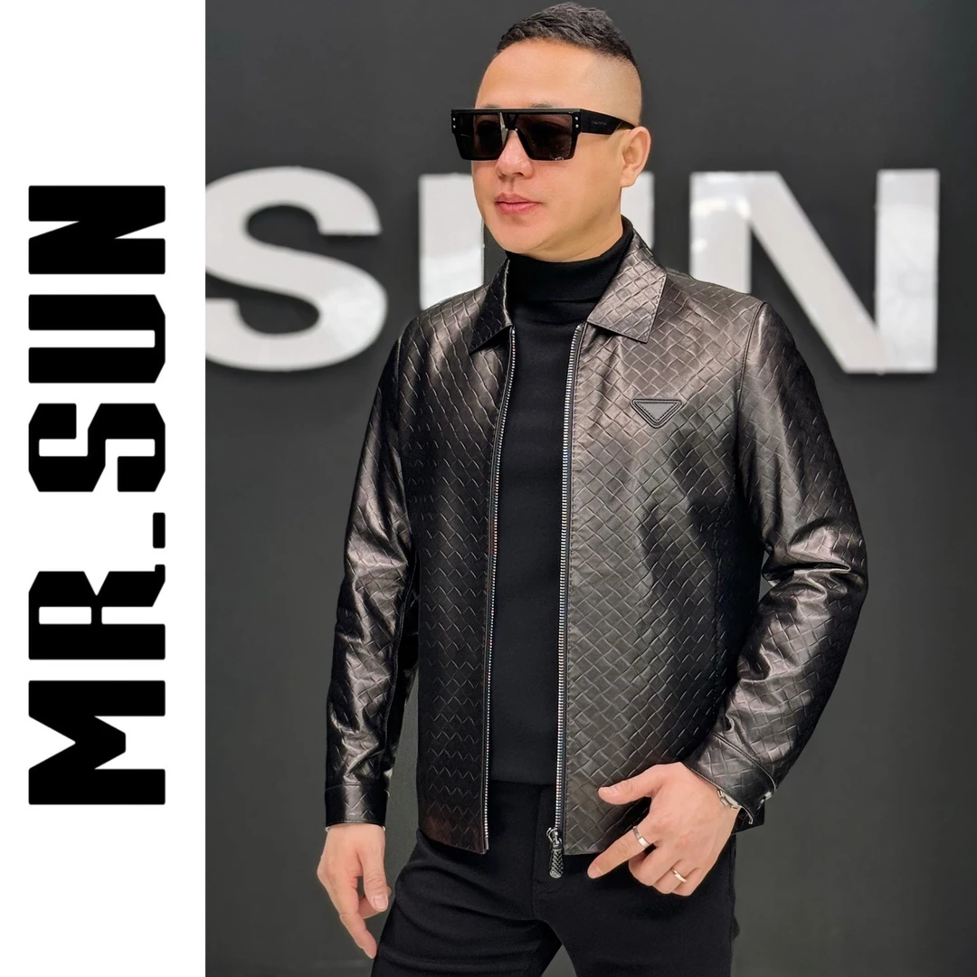 8956孙先生欧货男装绵羊皮夹克外套编织纹翻领皮衣外套