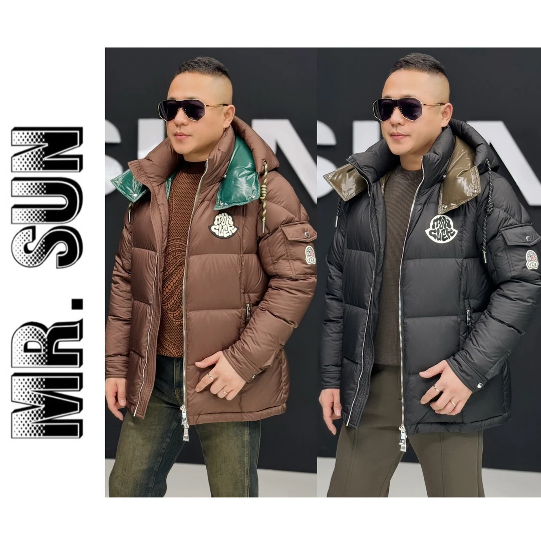 1128孙先生欧货男装一手长羽绒服潮款可拆卸帽章仔撞色羽绒服