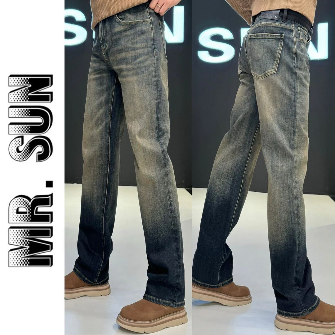 3062孙先生欧货男装潮款阔腿直筒男士时尚渐变色做旧直筒牛仔裤