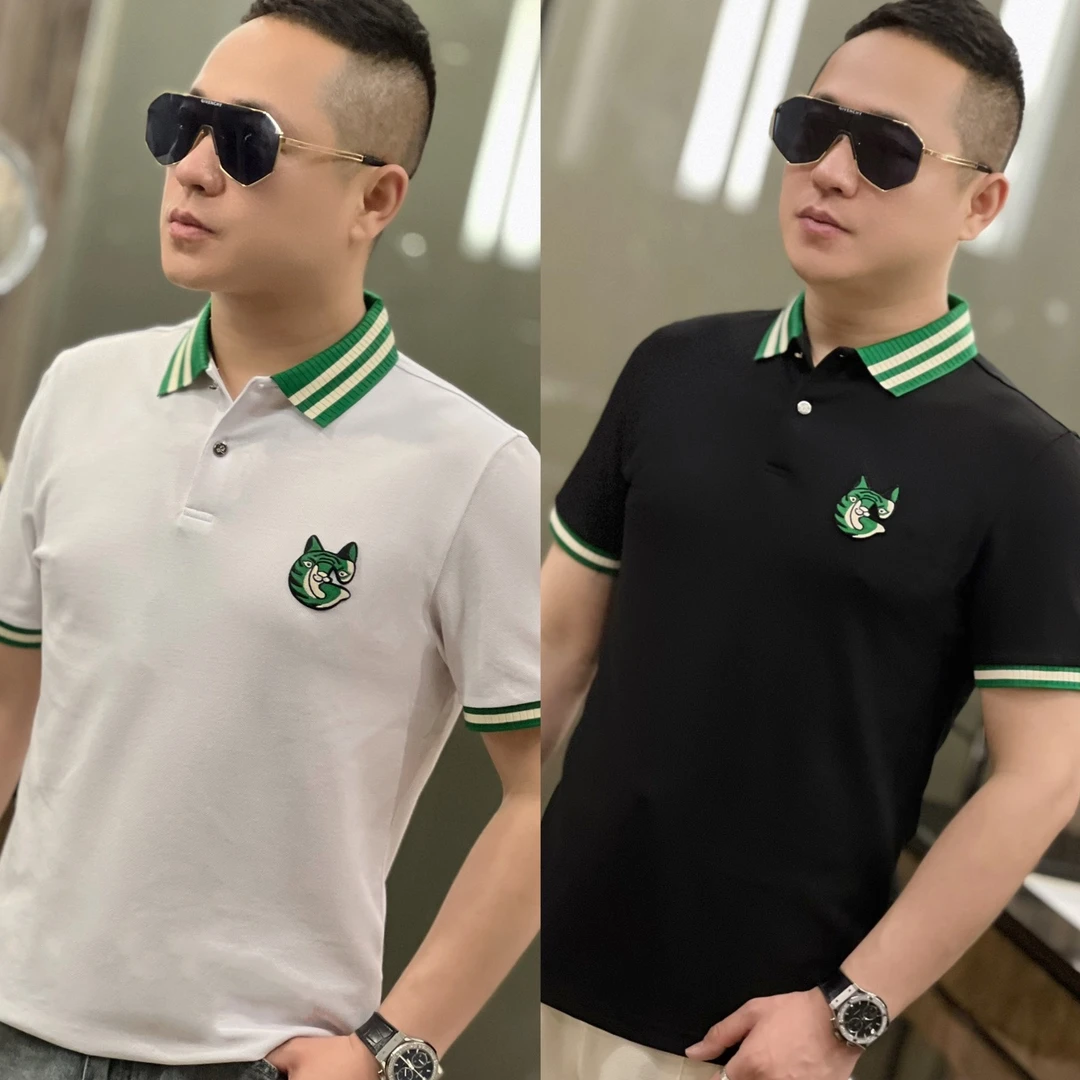 302欧货男款潮款翻领半袖时尚牙刷绣章仔撞色 Polo 领半袖