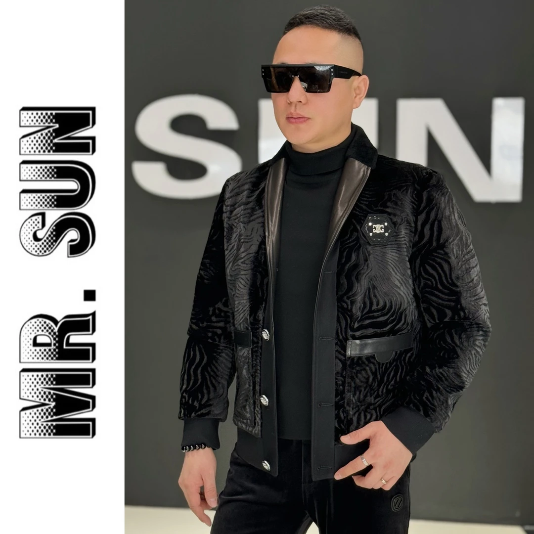 23030孙先生欧货男装醋酸纤维配山羊皮羽轻奢风短款青果领羽绒服