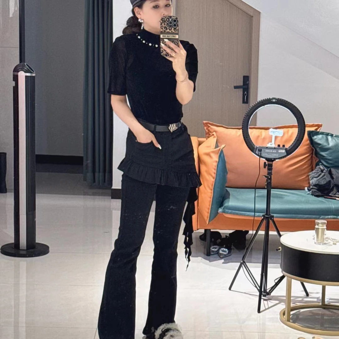 【锦瑟】时尚设计师气质显瘦牛仔喇叭裤#2662