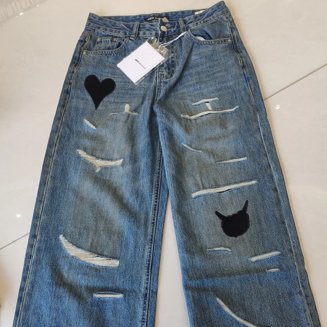 【锦瑟】新款破洞牛仔裤直筒宽松显瘦刺绣阔腿裤#2677