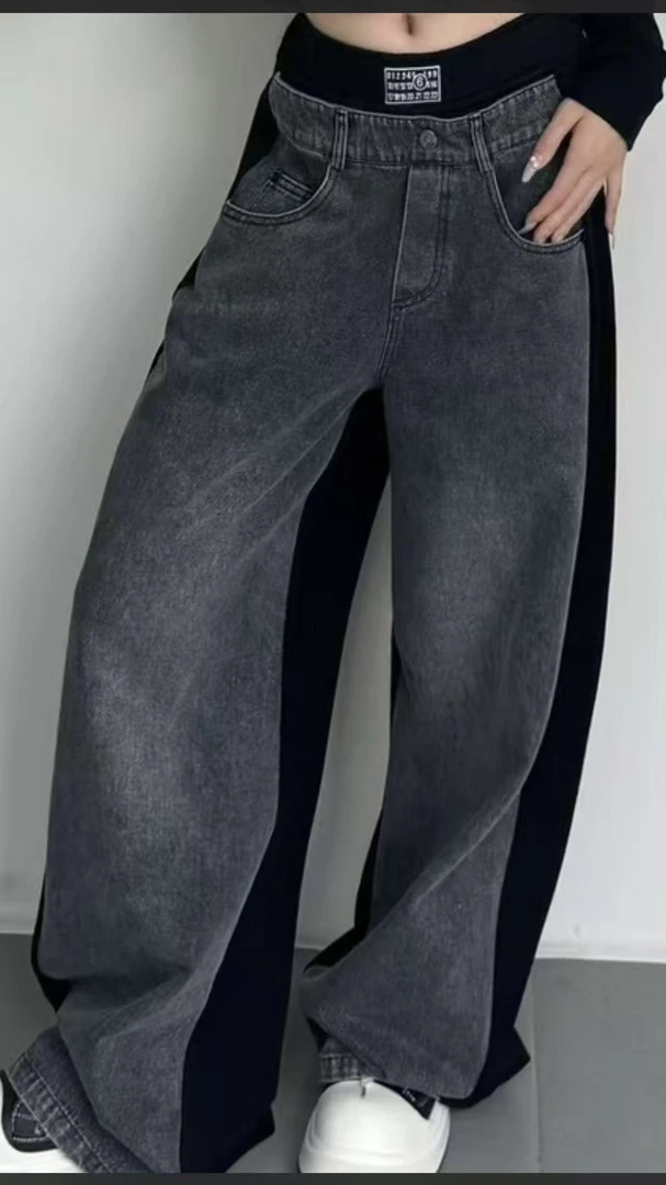 时尚牛仔拼接阔腿女显瘦直筒拖地裤2767