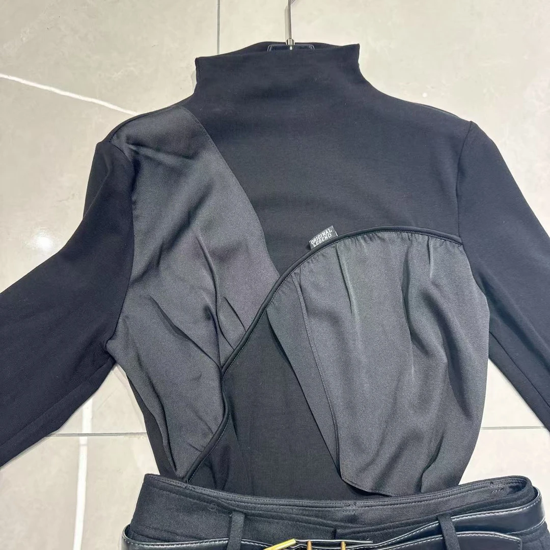 黑色半高领长袖拼接加绒打底上衣设计感T恤2746