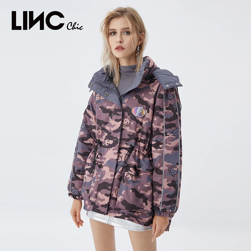 LINC金羽杰短款连帽灰粉迷彩撞色白鸭绒户外羽绒服女冬Y21602119
