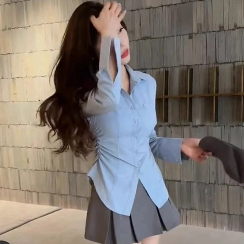 2024新款韩系气质收腰显瘦褶皱小众衬衣+百搭高腰百褶裙