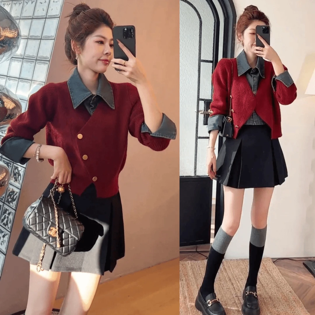 时尚拼接牛仔POPO领假两件针织毛衣+高腰显瘦A字工字百褶半身裙女