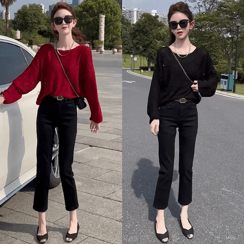 休闲时尚显瘦韩版百搭针织毛衣配牛仔小脚裤套装小个子女秋冬新款