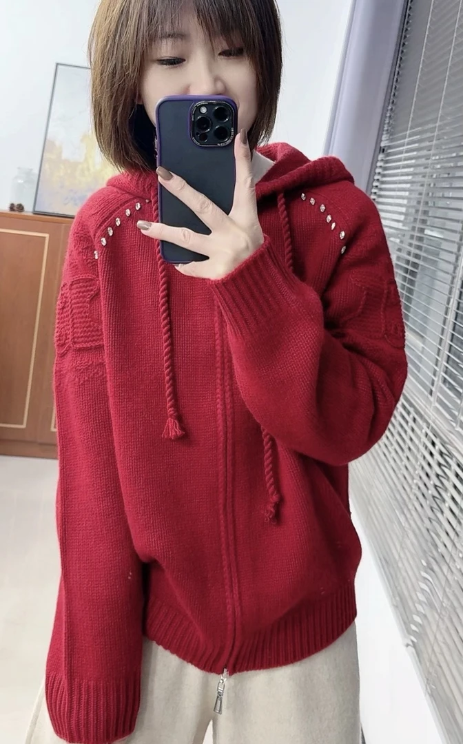 带钻连帽外套 重工纯山羊绒拉链外套开衫