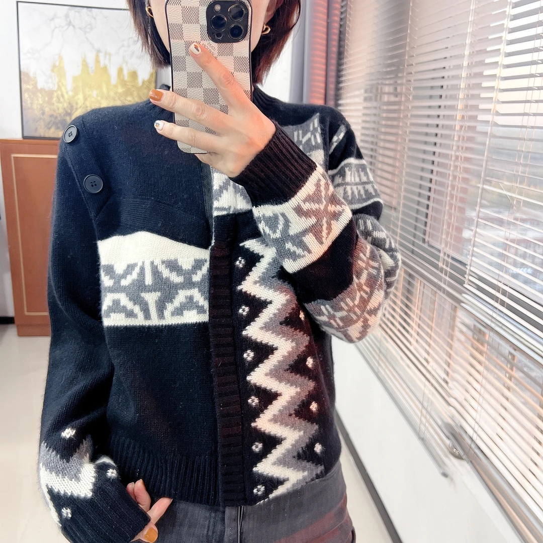 春缦 圆领黑白撞色几何图案拉链纯山羊绒衫外套开衫