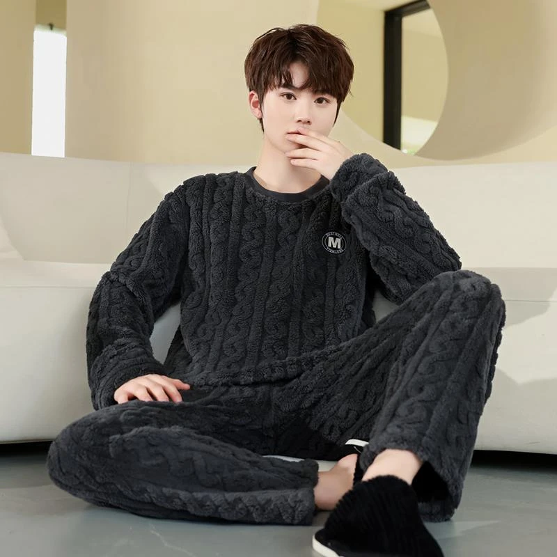 法兰绒冬季睡衣男加厚保暖奢华宽松大码珊瑚绒家居服套头中青年新