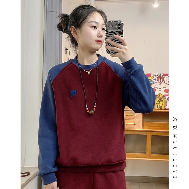 加绒卫衣休闲加厚保暖衣服冬季新款红色卫衣宽松休闲时尚刺绣长袖