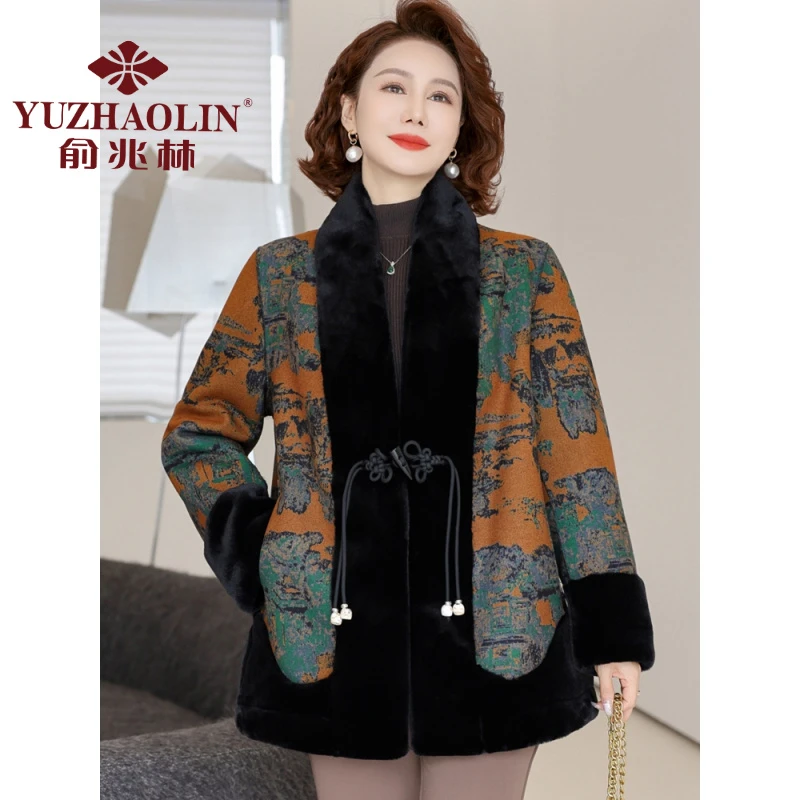 俞兆林中国风妈妈冬装洋气皮毛一体外套女减龄双面绒金仿貂绒仿皮