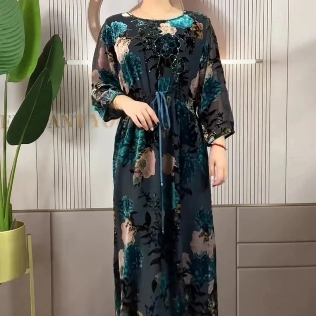 桑蚕丝中长裙植绒提花连衣裙大码气质时尚高贵中老年女装洋气百搭
