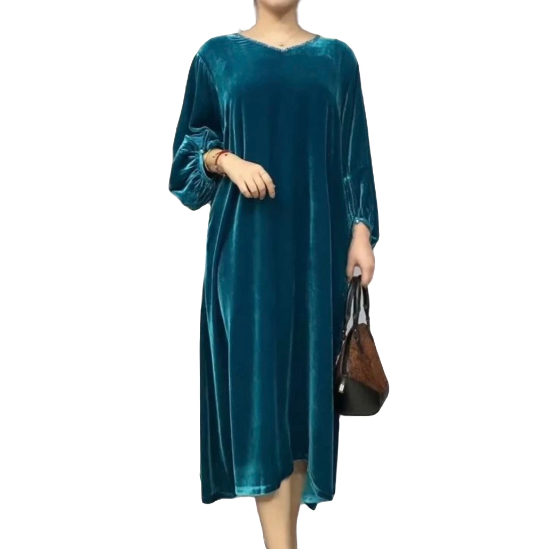 新款Ⅴ领宽松大码气质百搭中长裙九分袖纯色桑蚕丝植绒时尚妈妈裙