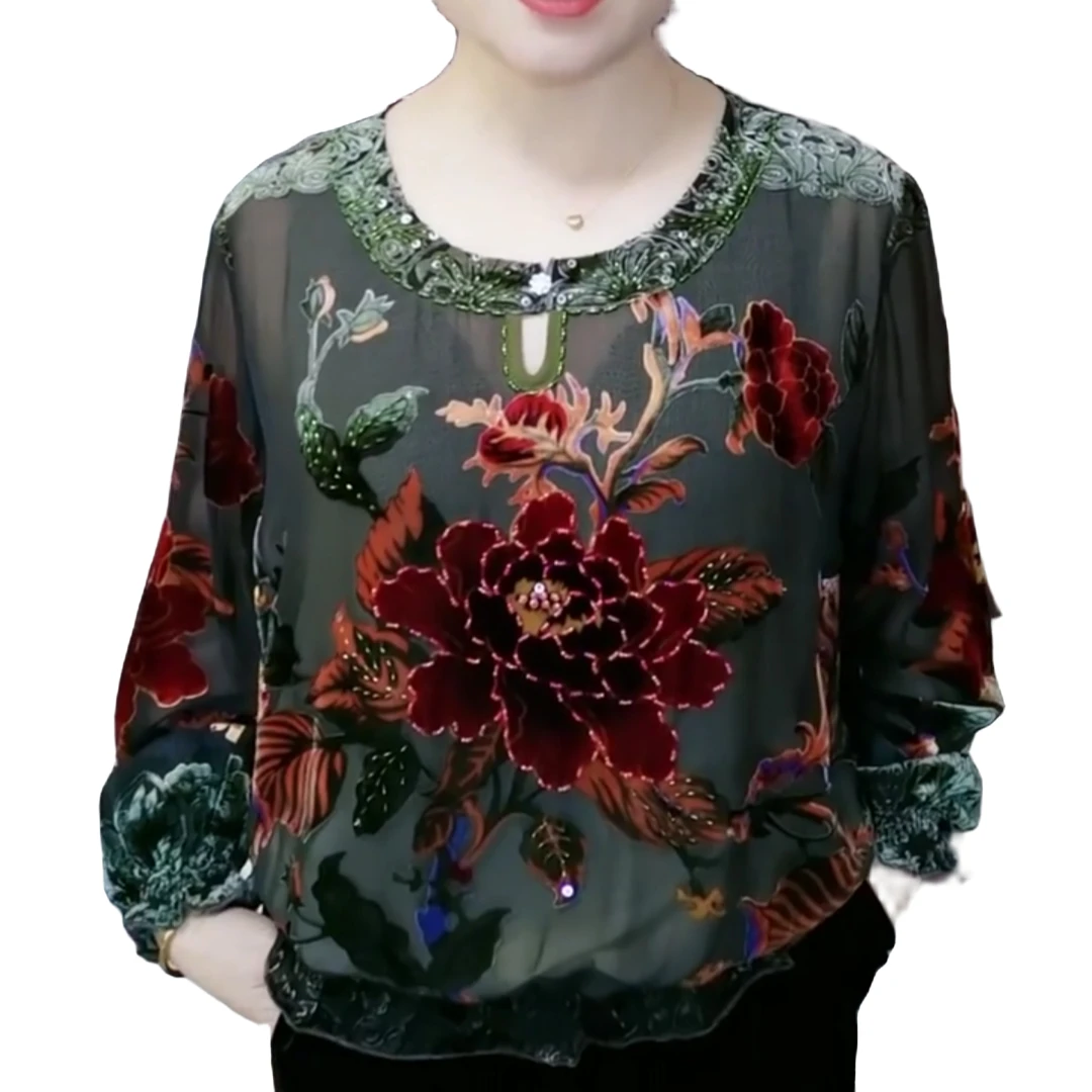 桑蚕丝植绒提花时尚大码显瘦洋气圆领小衫百搭洋气不女士宽松套装