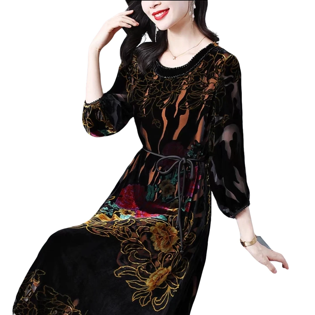 奢华桑蚕丝植绒修身洋气连衣裙贵夫人气质打底裙高端大码显瘦裙