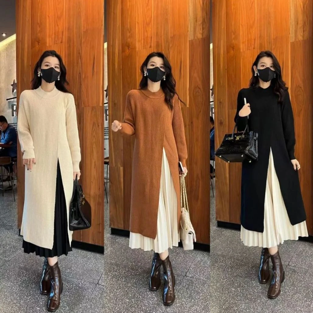 设计感圆领针织毛衣开叉连衣裙女外套秋冬新款半身裙单件/两件套