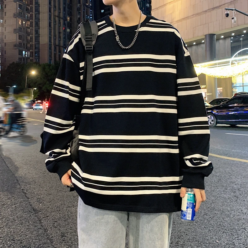 慵懒风条纹长袖T恤秋季男装潮流休闲百搭青少年青春港风套头卫衣
