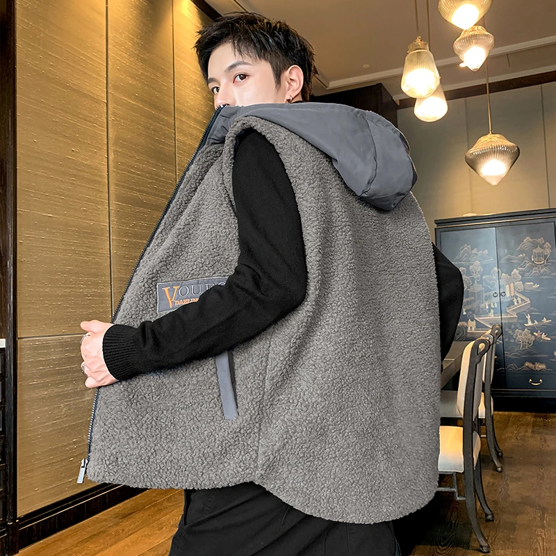 双面穿颗粒绒男士秋冬马甲棉衣潮牌休闲加厚连帽无袖棉袄马夹保暖