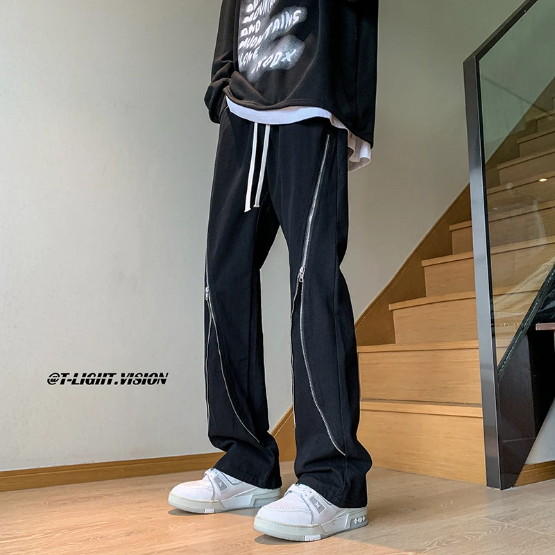 裤子男秋季新款小众设计感拉链运动裤宽松直筒休闲裤美式高街潮牌