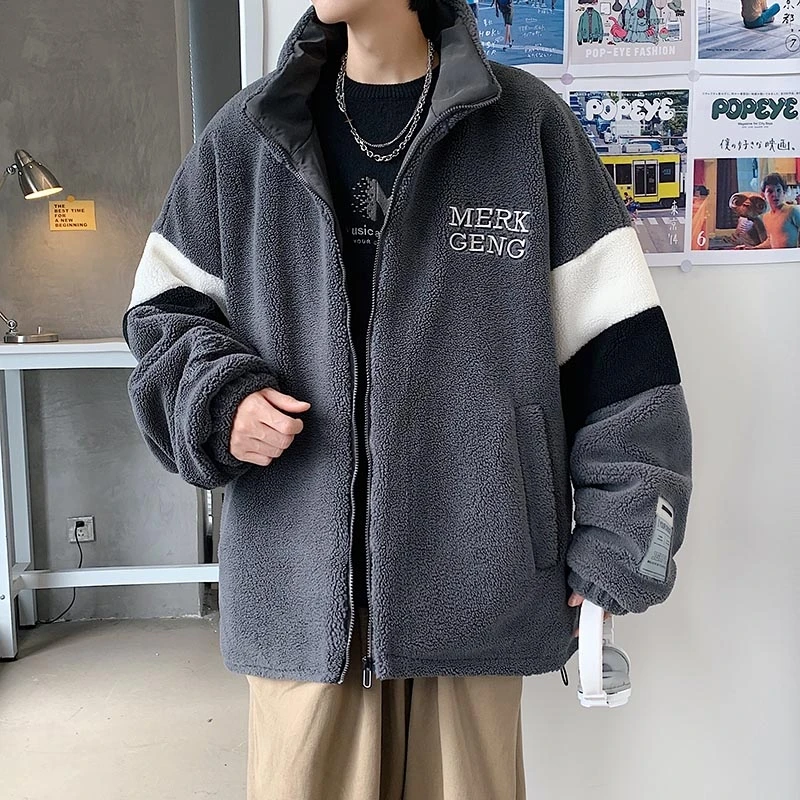 棉衣外套男冬季美式高街立领拼接撞色字母印花棉袄保暖加厚棉服