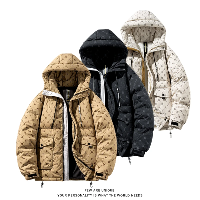 满印连帽羽绒服冬季新款保暖加绒加厚休闲外套青少年学生绒子棉服