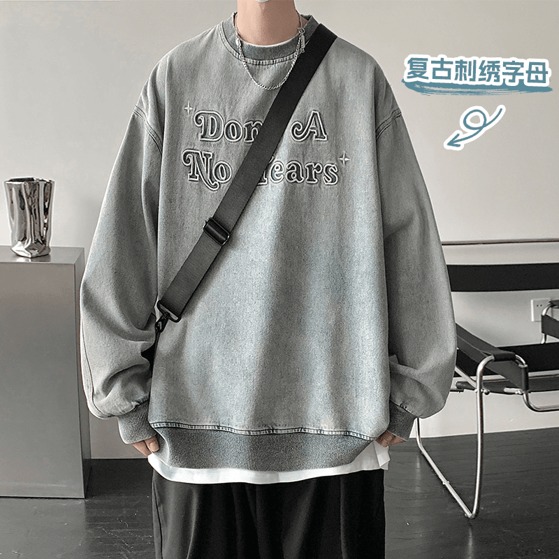 秋季新款套头卫衣休闲百搭宽松潮牌时尚复古刺绣圆领上衣男士长袖