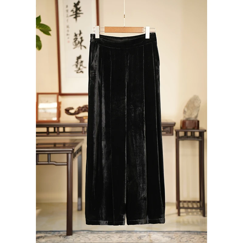 【京华苏艺】高定香云纱时尚气质私定丝绒阔腿裤-68512