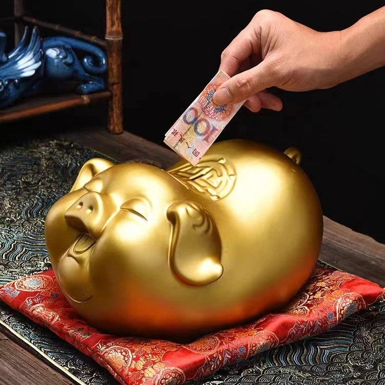 创意陶瓷鎏金镀【望福猪】可爱存钱罐客厅装饰工艺品