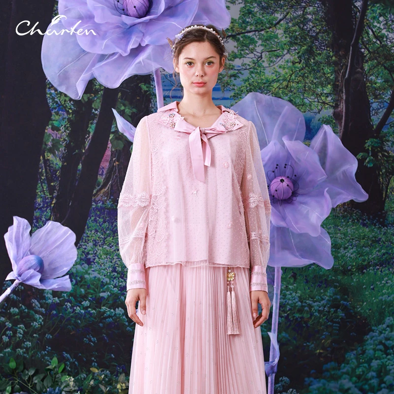 【媛媛专享】朝峰经典简约H型蕾丝绣花衬衣女士CFC1A302-302T