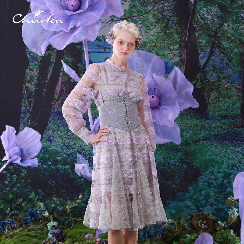 【媛媛专享】朝峰显瘦显高网纱气质收腰碎花连衣裙CFC1B128-151G