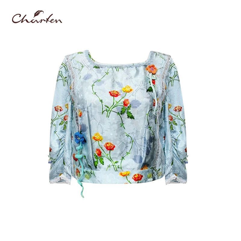 【芊芊专属】朝峰方领蕾丝拼接七分袖衬衣女CFD1C330-3132T