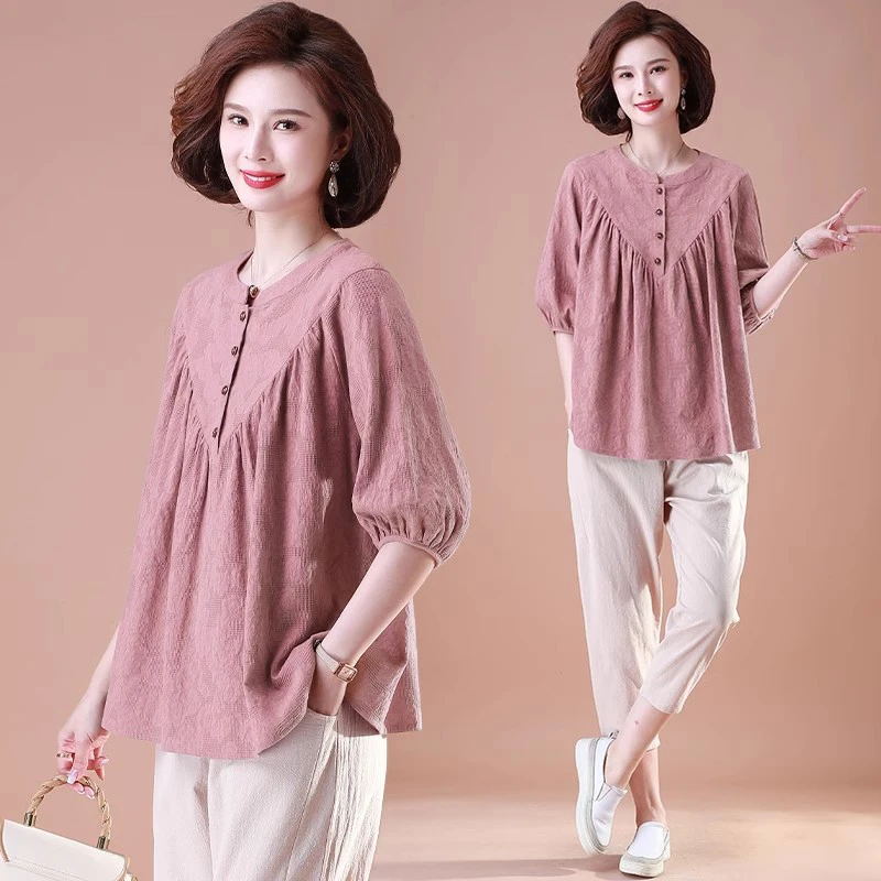年轻妈妈夏装纯棉短袖t恤衫中老年女夏季棉麻套装洋气上衣两件套