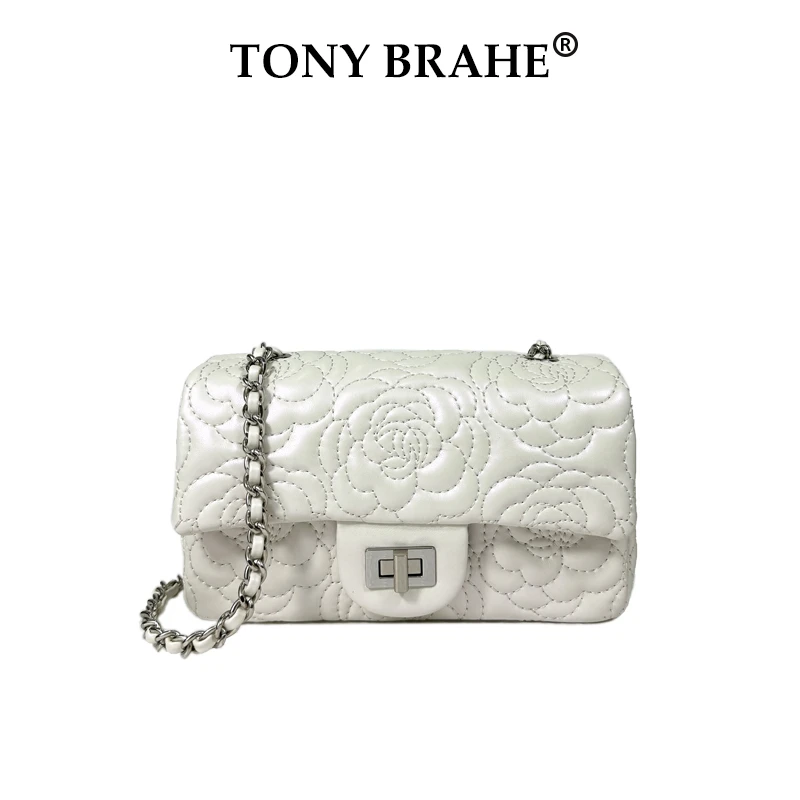 『山茶白』小香风绣线山茶花链条百搭单肩斜挎包