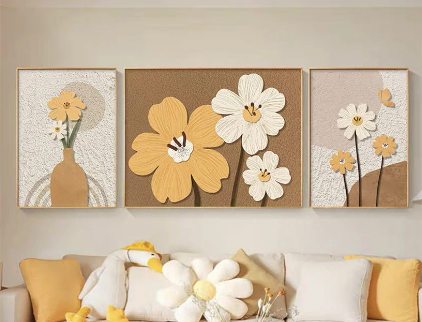 橘色系花朵简约肌理板画沙发背景餐厅卧室书房走廊的肌理质感画