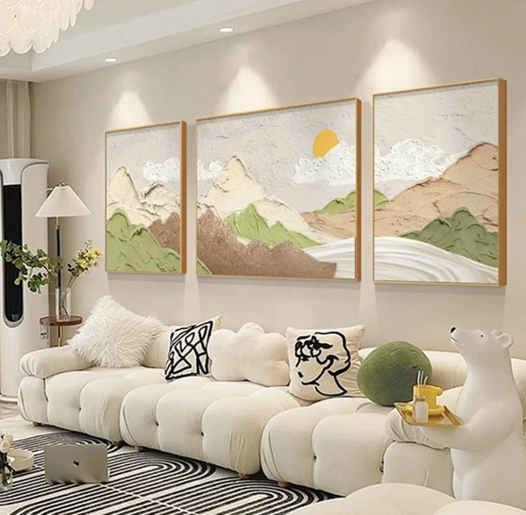 奶油风三联ABCD款肌理板画沙发背景餐厅卧室书房走廊的肌理质感画