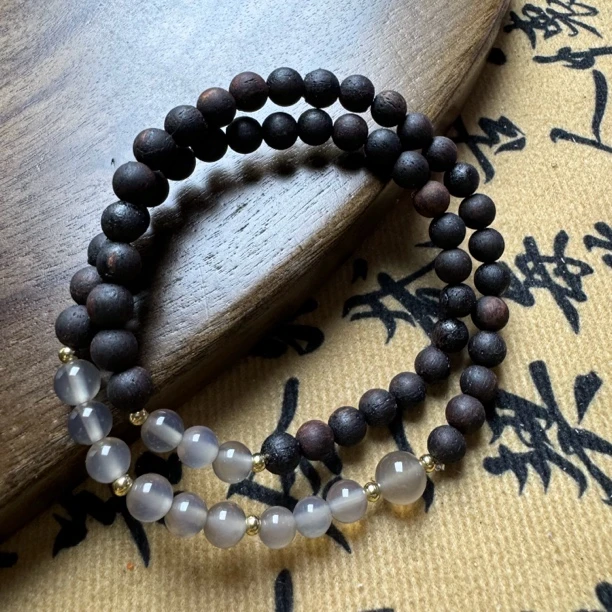 半城烟雨降真香双圈手串6mm烟灰玛瑙新中式设计款