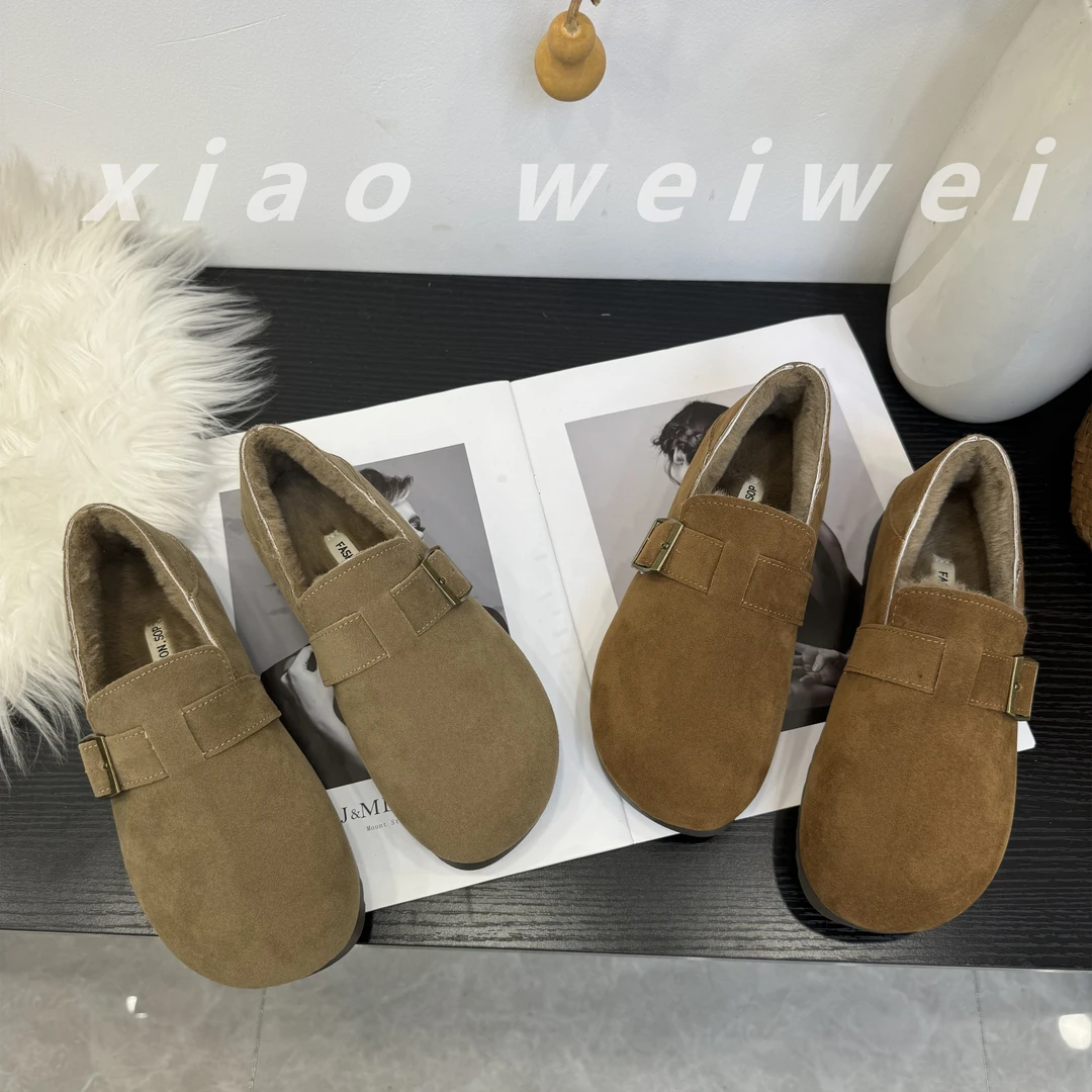 【小薇薇家】2024毛毛鞋女加绒冬季勃肯鞋软皮平底复古博肯棉鞋子女