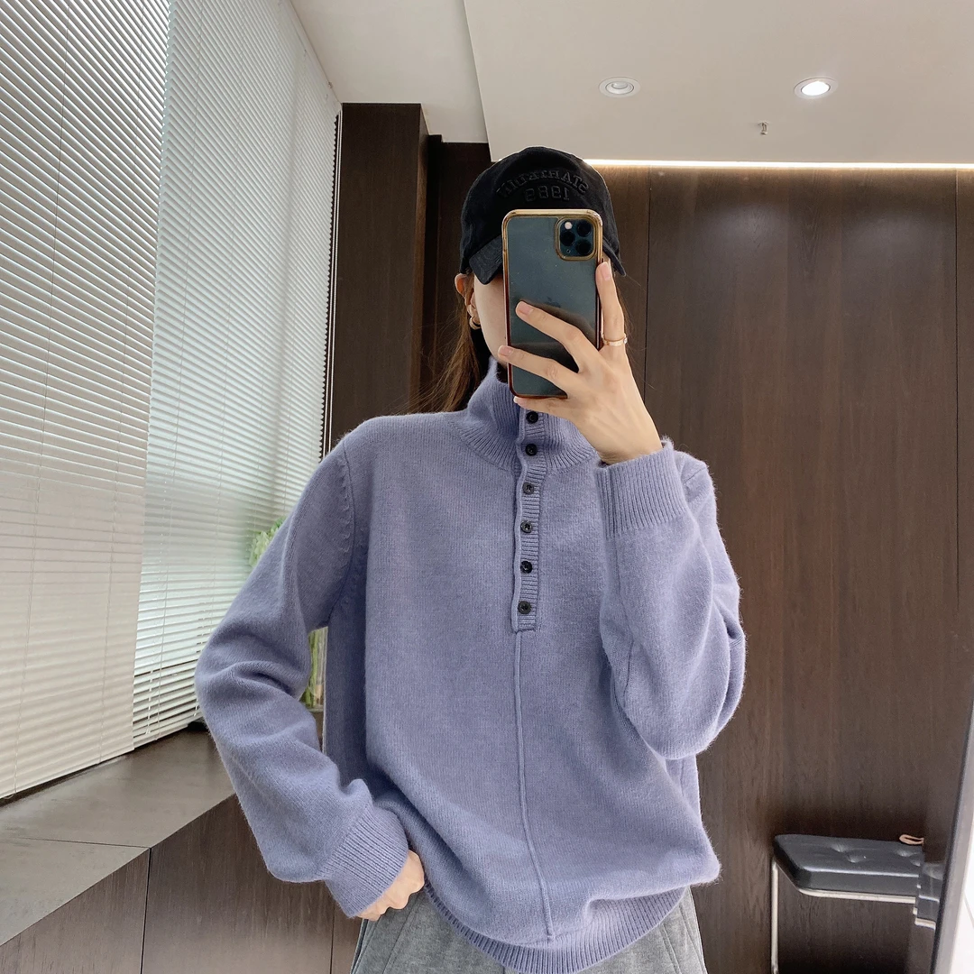 IMFLY金小金自制 针织衫DYW8163单排扣高领毛衣女冬季软糯厚上衣