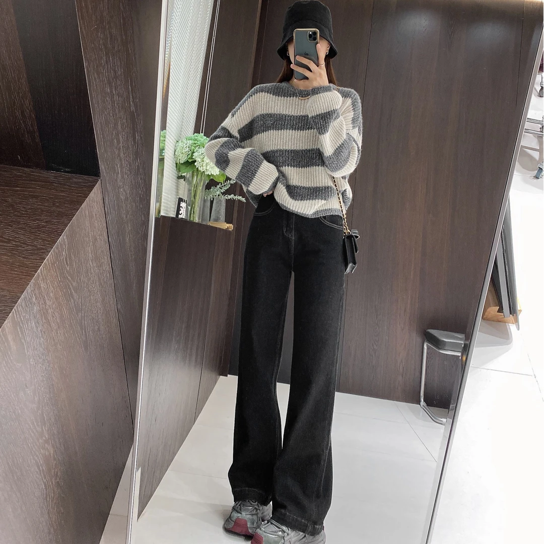IMFLY金小金自制 加绒牛仔裤DYK2292窄版直筒裤女秋冬季高腰长裤